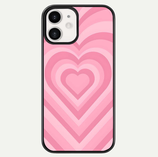 Blush Heart Waves iPhone 12 glass phone case front view showcasing flowing heart wave patterns in soft blush tones