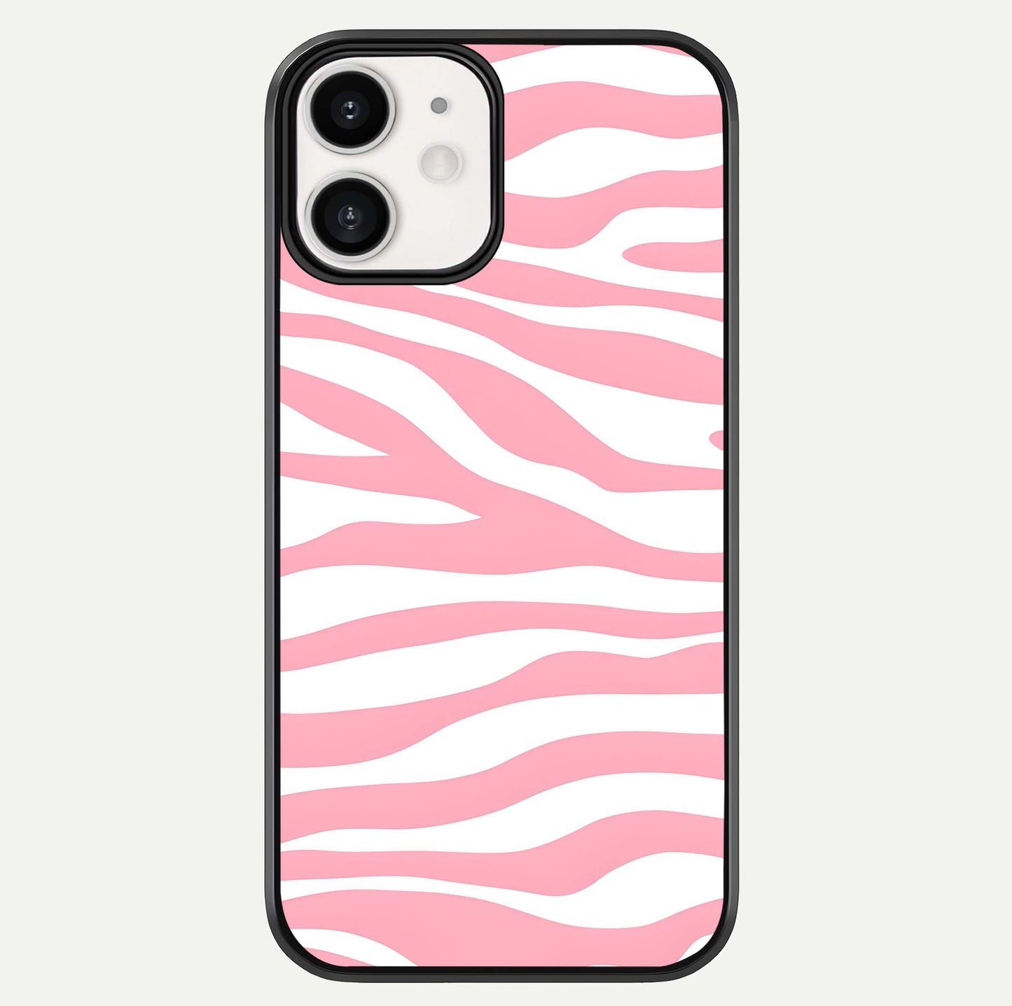 Blush Zebra Flow iPhone 12 glass phone case front view featuring modern zebra flow pattern in blush tones