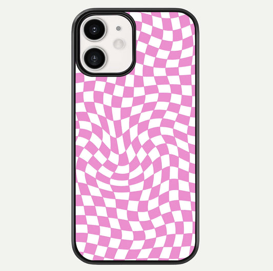 Bubblegum Check Wave iPhone 12 glass phone case front view showcasing playful bubblegum check wave pattern with glossy finish