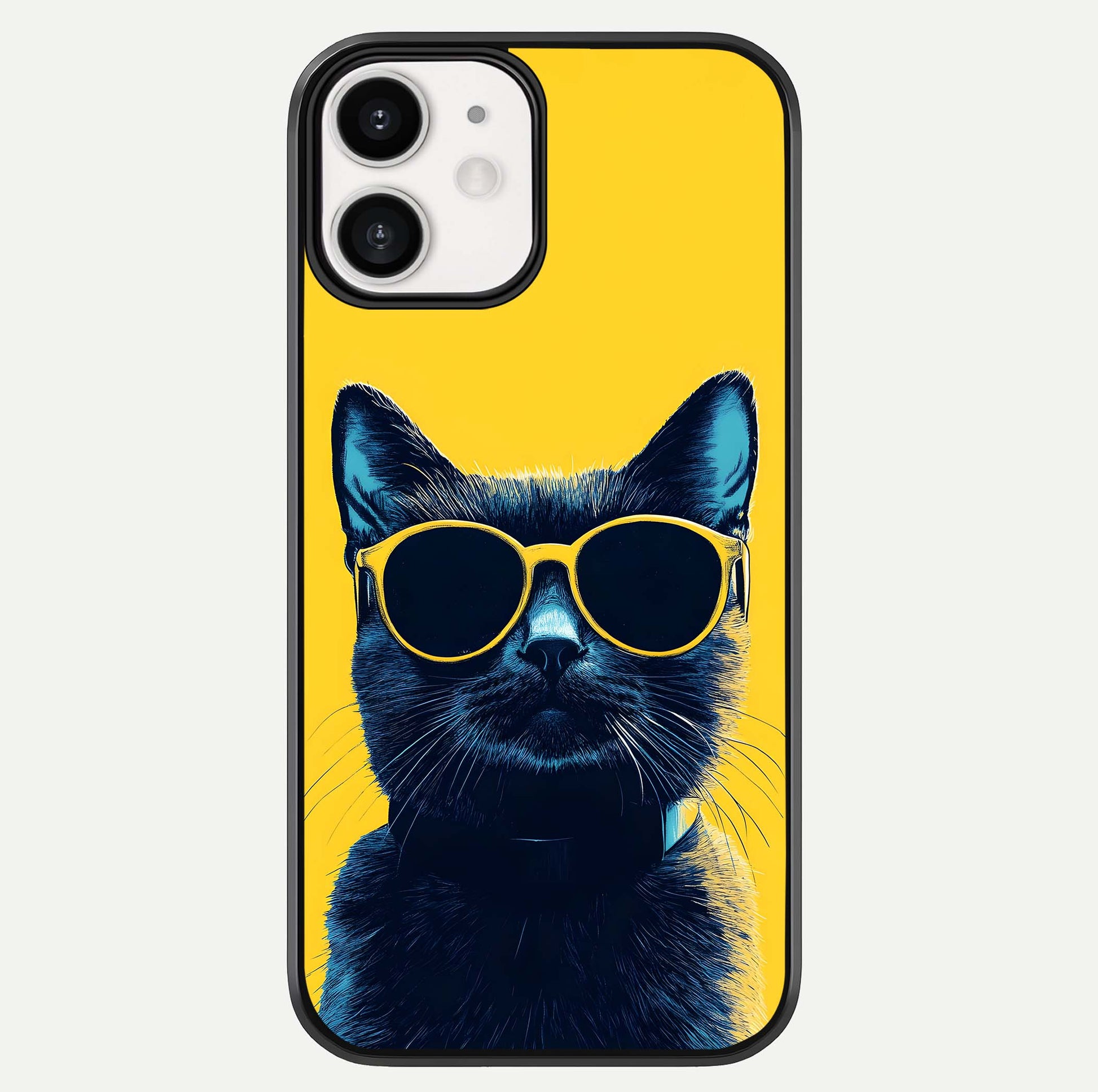 Cool Cat Vibes iPhone 12 glass phone case front view featuring playful cat illustration with cool aesthetic tones