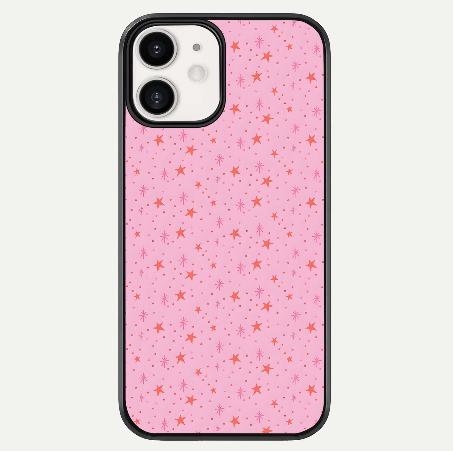 Cosmic Pink Sparkle iPhone 12 glass phone case front view showcasing shimmering pink cosmic artwork with glossy finish