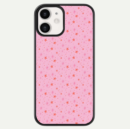 Cosmic Pink Sparkle iPhone 12 glass phone case front view showcasing shimmering pink cosmic artwork with glossy finish