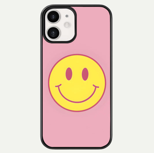 Happy Pink Mood iPhone 12 glass phone case front view featuring cheerful pink tones and playful aesthetic design