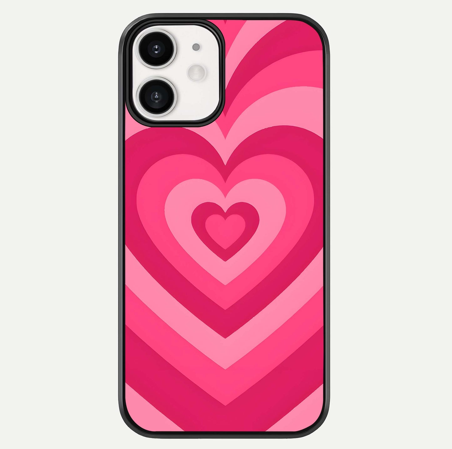 Layered Love Hearts iPhone 12 glass phone case front view showcasing layered heart patterns with romantic aesthetic