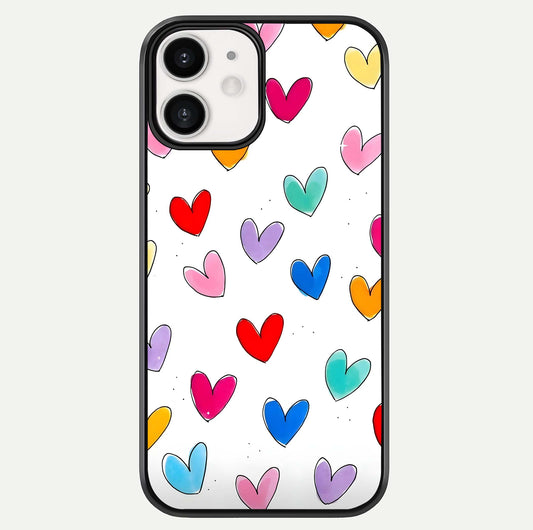 Playful Love Doodles iPhone 12 glass phone case front view featuring cute love doodle illustrations with fun vibe