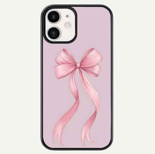Soft Blush Bow iPhone 12 glass phone case front view showcasing soft blush tones with elegant bow design