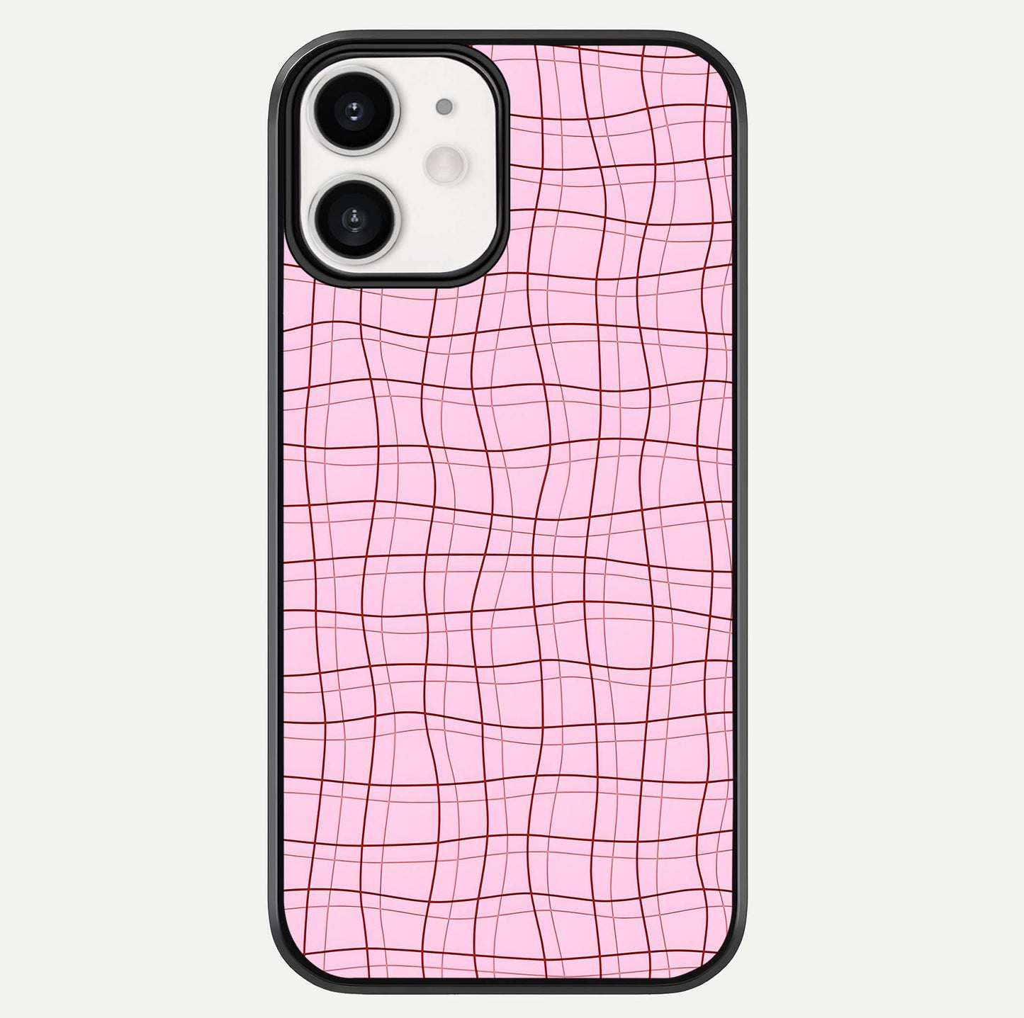 Soft Grid Bliss iPhone 12 glass phone case front view showcasing minimal grid pattern with soft aesthetic