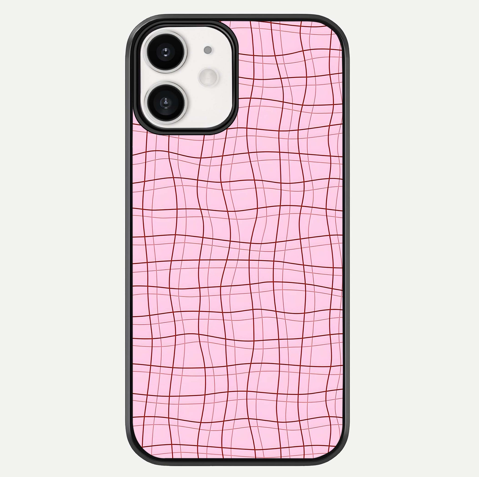 Soft Grid Bliss iPhone 12 glass phone case front view showcasing minimal grid pattern with soft aesthetic