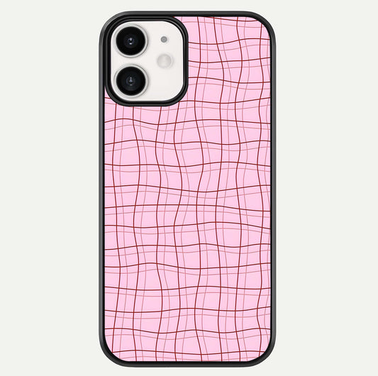 Soft Grid Bliss iPhone 12 glass phone case front view showcasing minimal grid pattern with soft aesthetic