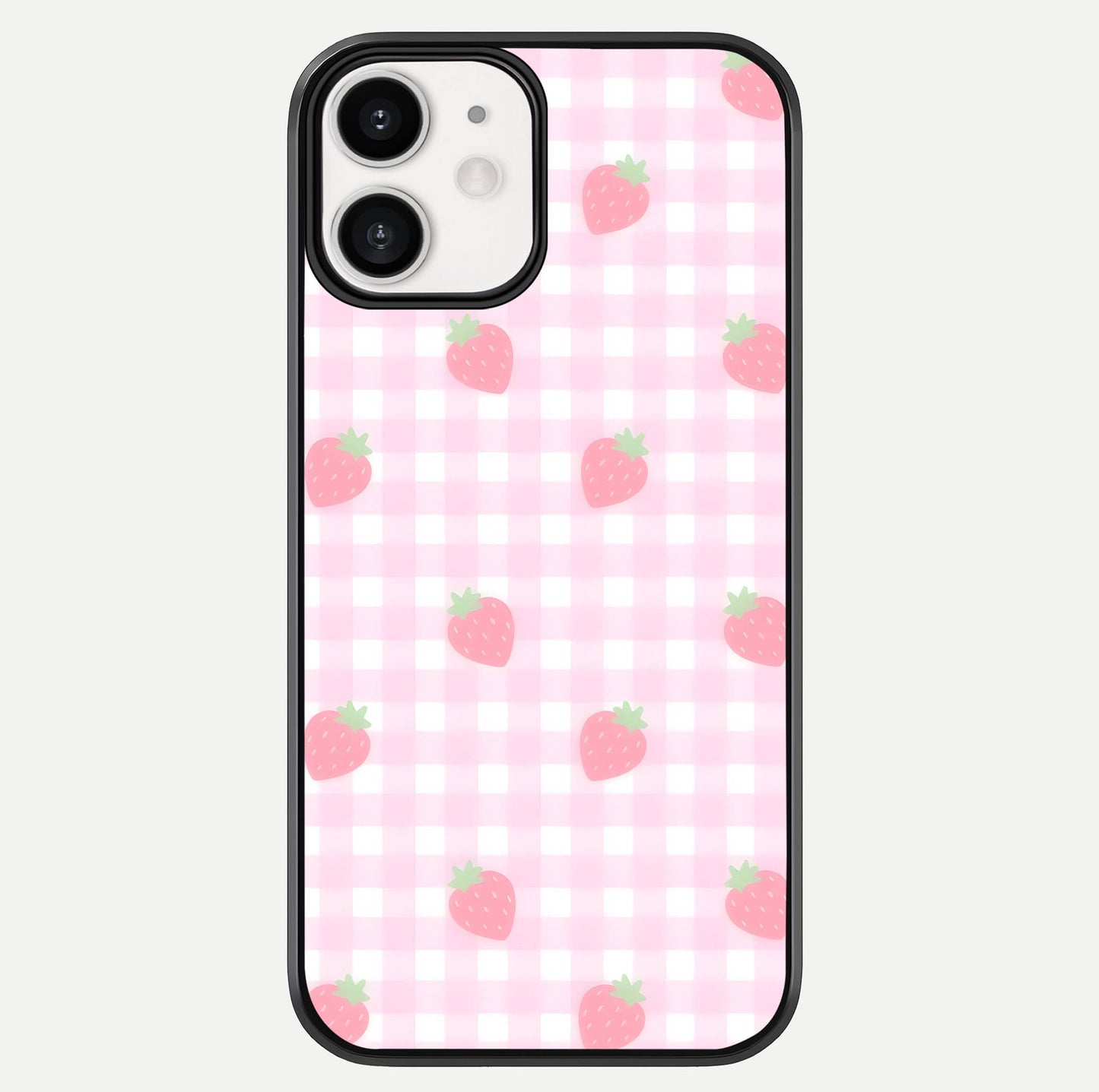 Strawberry Picnic Love iPhone 12 glass phone case front view featuring cute strawberry picnic artwork with romantic vibe