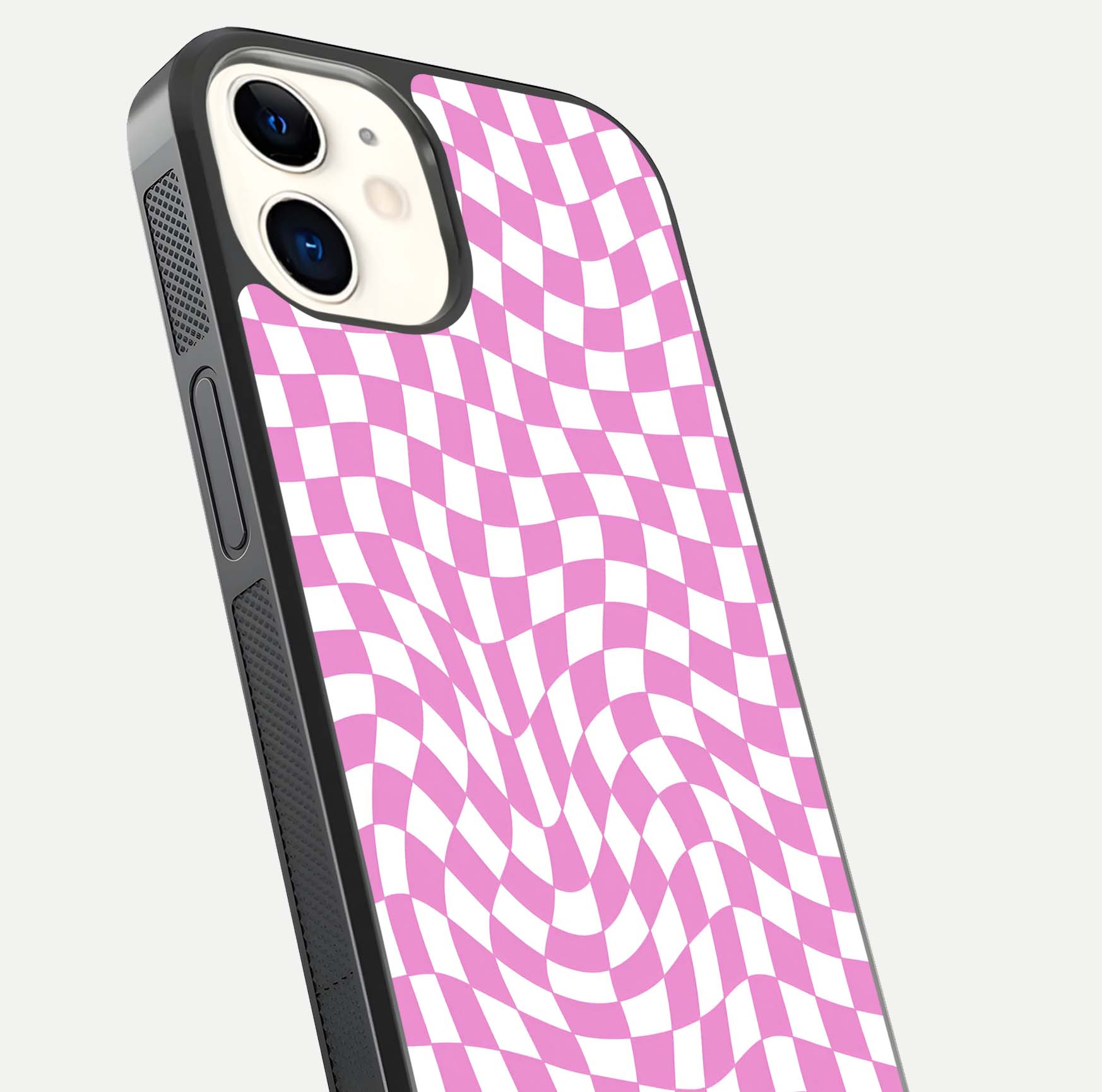 Bubblegum Check Wave iPhone 12 glass phone case angled back view highlighting check wave artwork and side grip texture