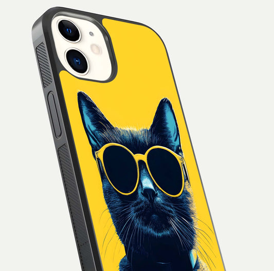 Cool Cat Vibes iPhone 12 glass phone case angled back view highlighting cat artwork and textured side grip