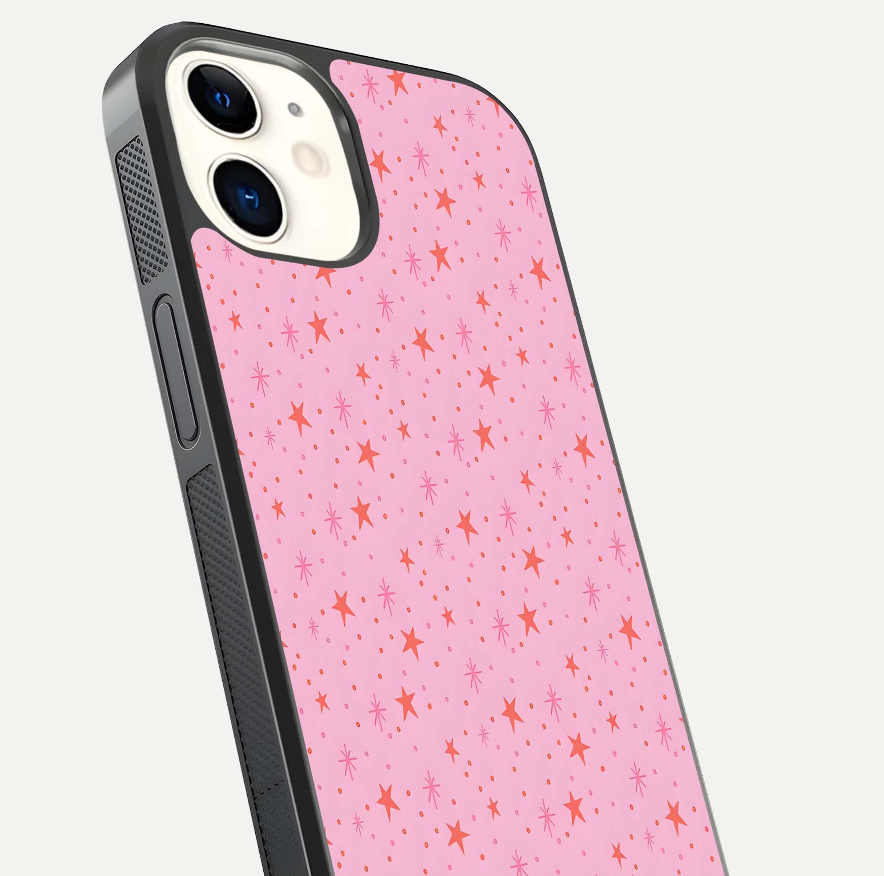 Cosmic Pink Sparkle iPhone 12 glass phone case angled back view highlighting sparkling galaxy design and textured side grip