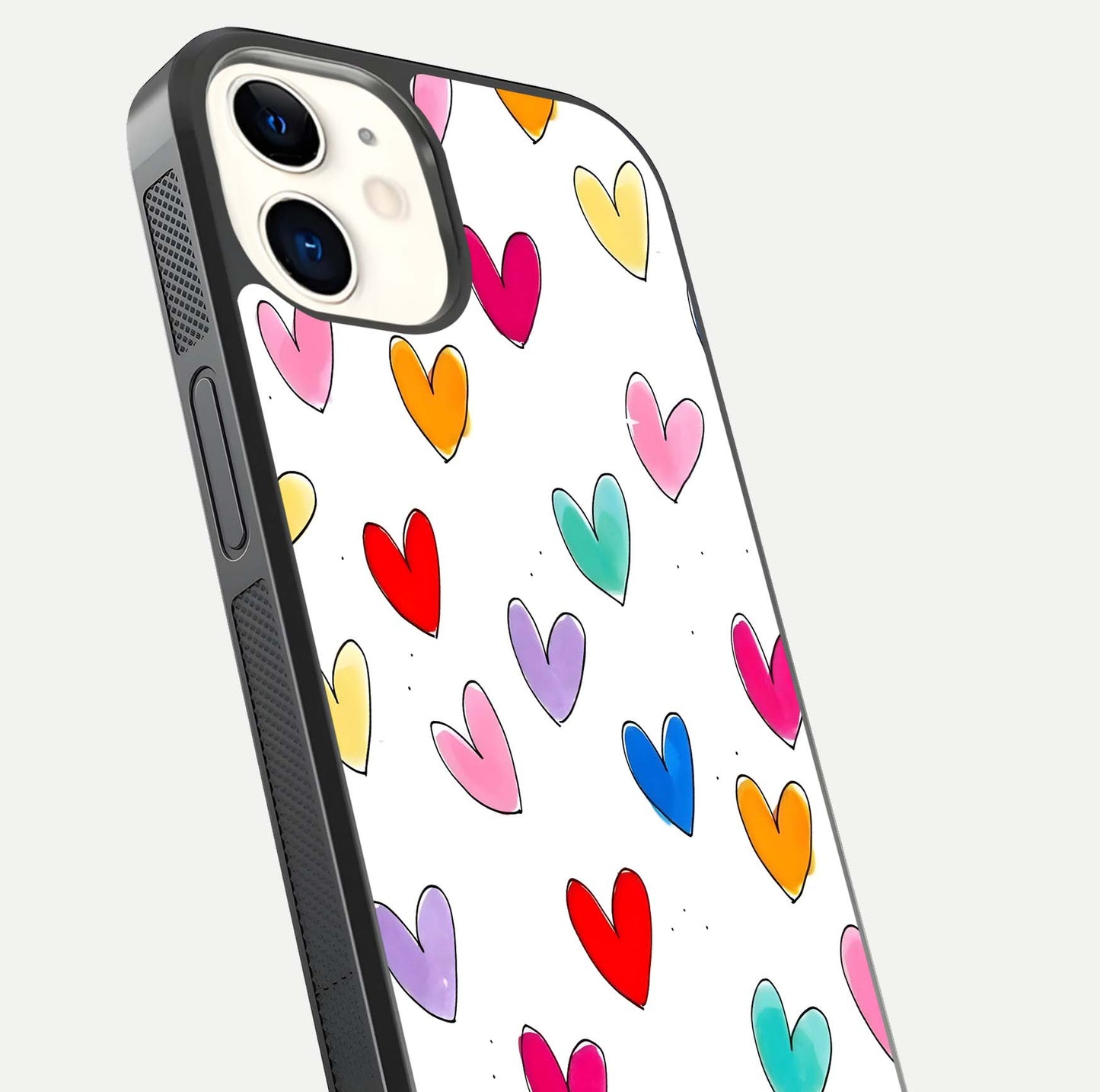Playful Love Doodles iPhone 12 glass phone case angled back view highlighting doodle artwork and textured grip edges
