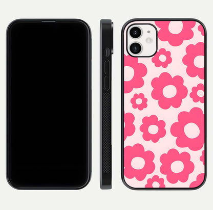 Blush Flower Pop iPhone 12 glass phone case front and side layout view showing slim profile and full floral coverage