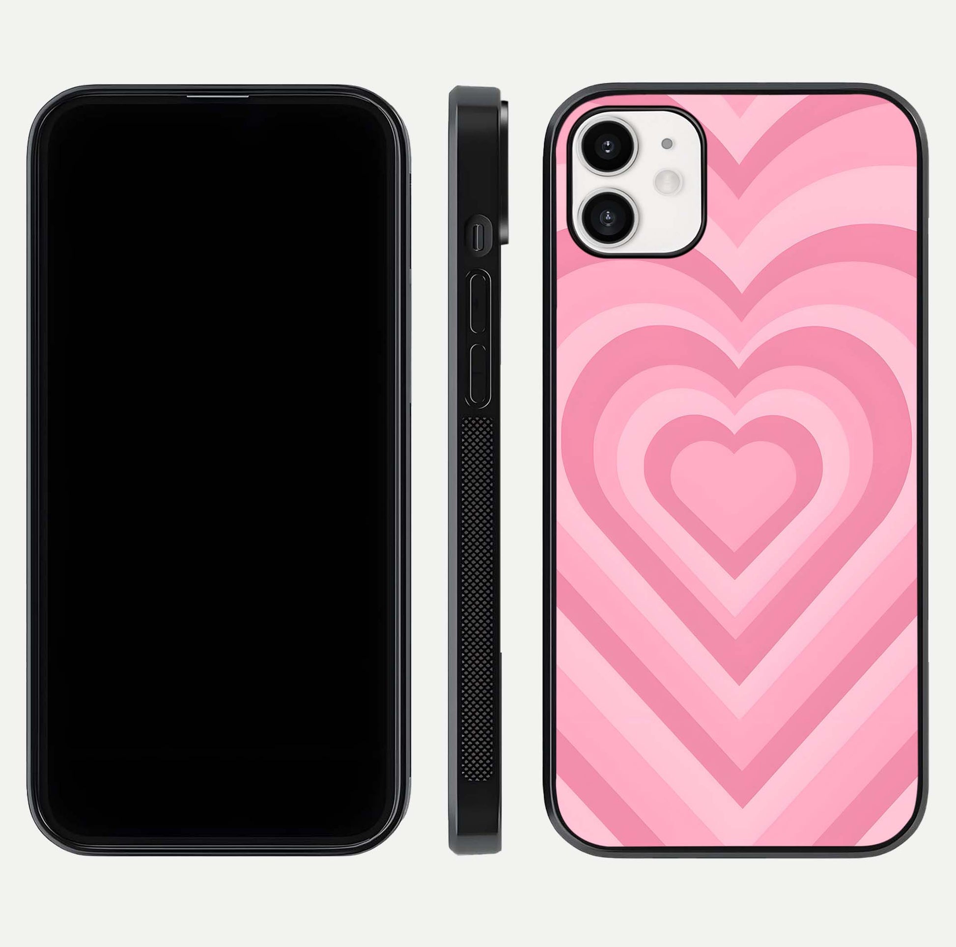 Blush Heart Waves iPhone 12 glass phone case front and side layout view displaying slim frame and full heart pattern