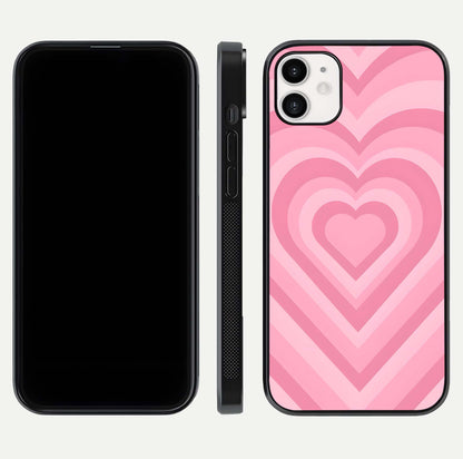 Blush Heart Waves iPhone 12 glass phone case front and side layout view displaying slim frame and full heart pattern