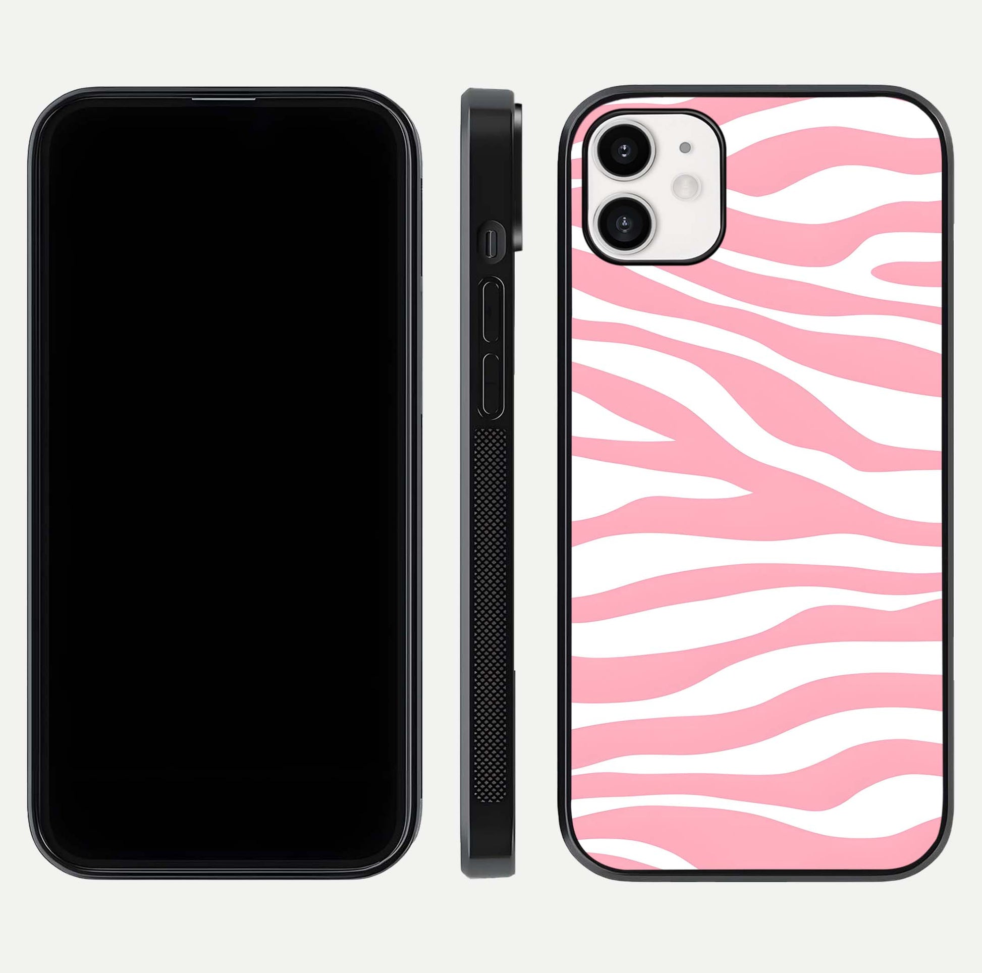 Blush Zebra Flow iPhone 12 glass phone case front and side layout view showing slim build and flowing pattern coverage