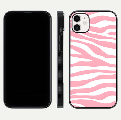 Blush Zebra Flow iPhone 12 glass phone case front and side layout view showing slim build and flowing pattern coverage