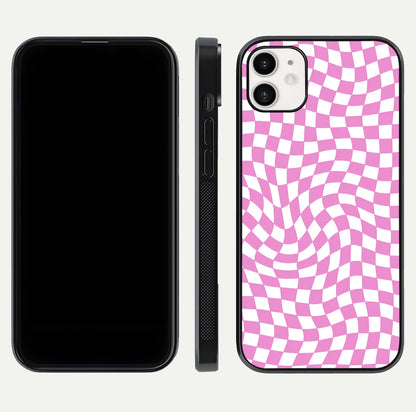 Bubblegum Check Wave iPhone 12 glass phone case front and side layout view displaying slim profile and full pattern coverage