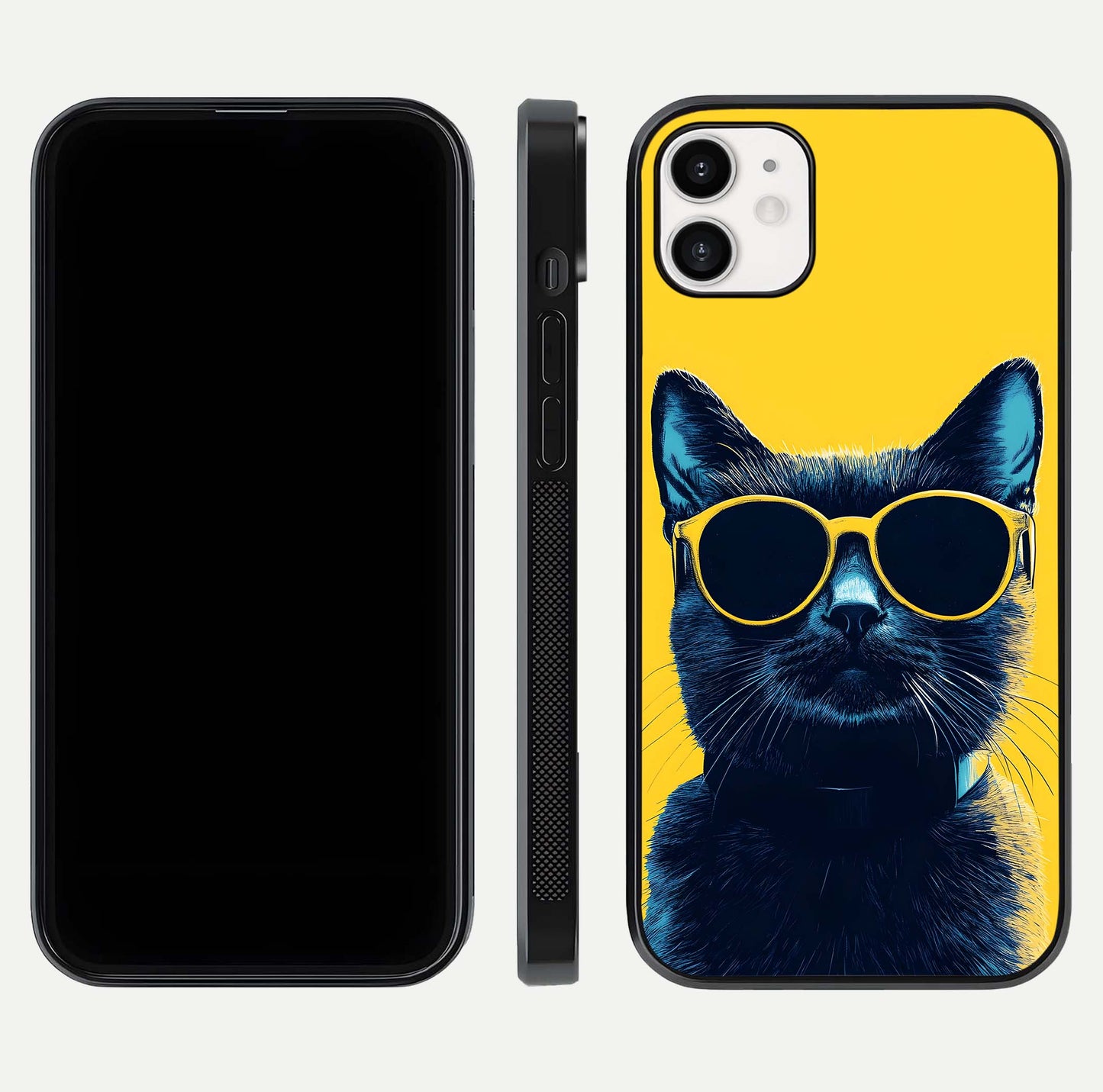 Cool Cat Vibes iPhone 12 glass phone case front and side layout view showing slim frame and full design coverage