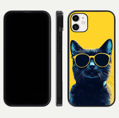 Cool Cat Vibes iPhone 12 glass phone case front and side layout view showing slim frame and full design coverage