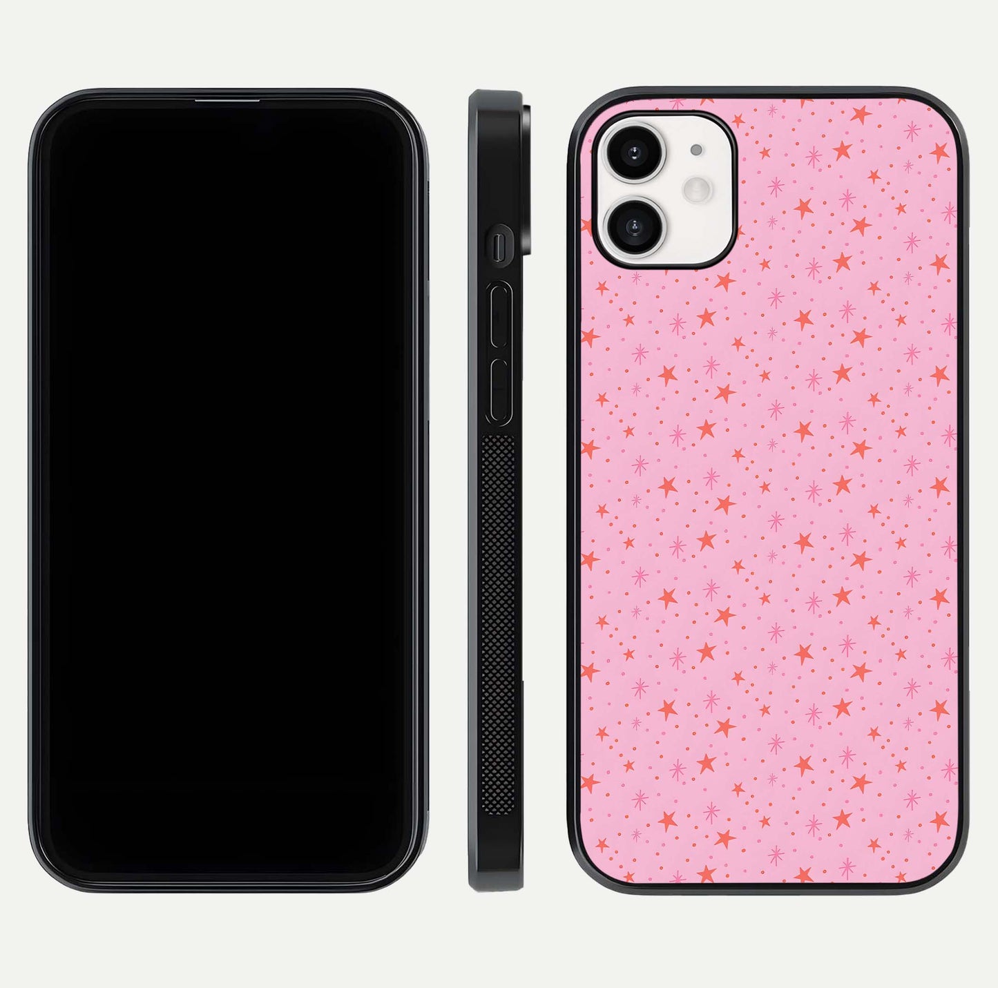 Cosmic Pink Sparkle iPhone 12 glass phone case front and side layout view displaying slim profile and full cosmic coverage