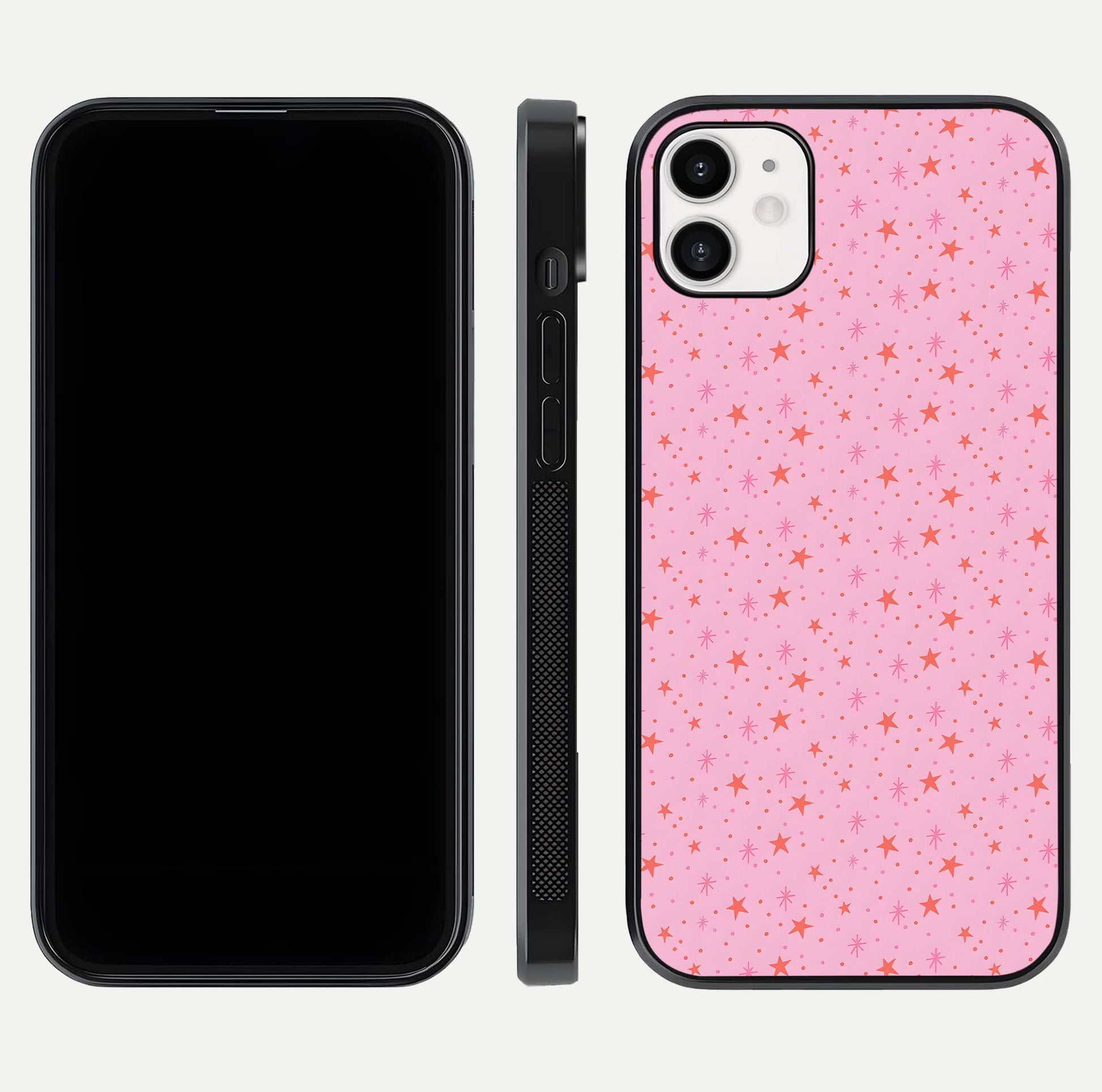 Cosmic Pink Sparkle iPhone 12 glass phone case front and side layout view displaying slim profile and full cosmic coverage
