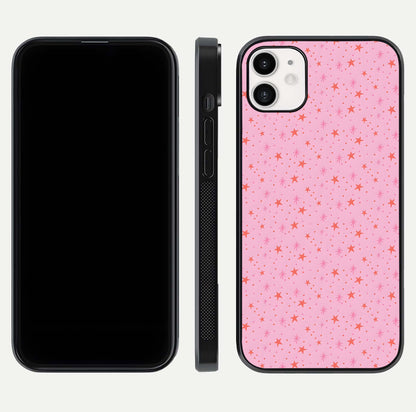Cosmic Pink Sparkle iPhone 12 glass phone case front and side layout view displaying slim profile and full cosmic coverage