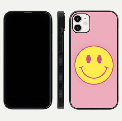 Happy Pink Mood iPhone 12 glass phone case front and side layout view showing slim build and full pink coverage
