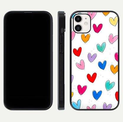 Playful Love Doodles iPhone 12 glass phone case front and side layout view showing slim build and full doodle coverage
