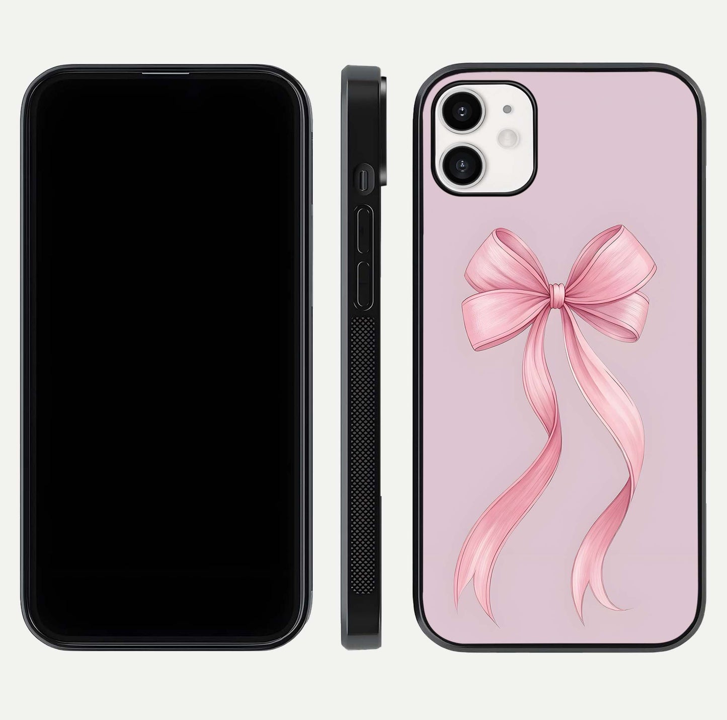 Soft Blush Bow iPhone 12 glass phone case front and side layout view displaying slim profile and gentle aesthetic