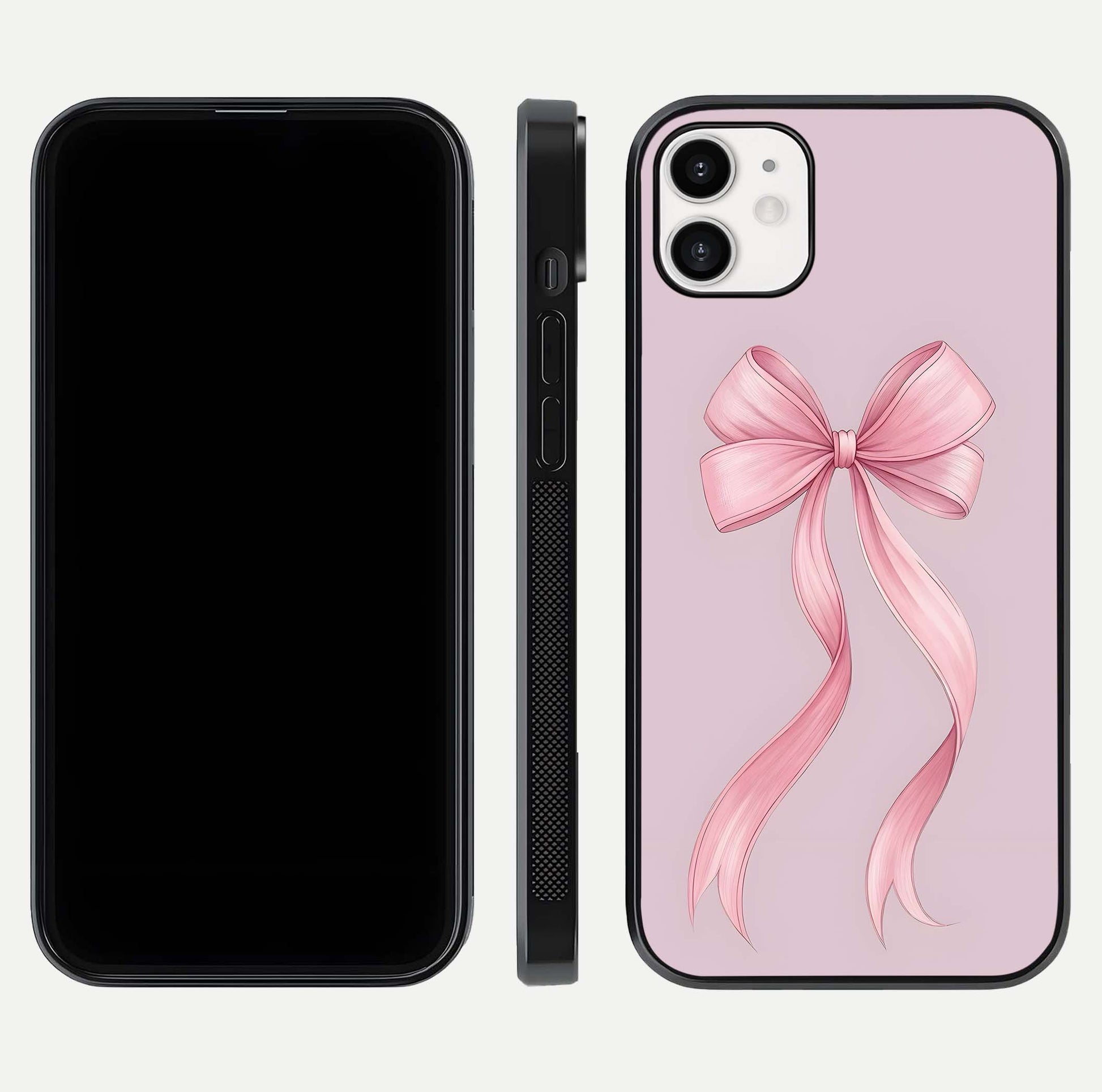 Soft Blush Bow iPhone 12 glass phone case front and side layout view displaying slim profile and gentle aesthetic
