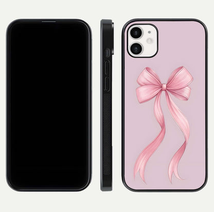 Soft Blush Bow iPhone 12 glass phone case front and side layout view displaying slim profile and gentle aesthetic