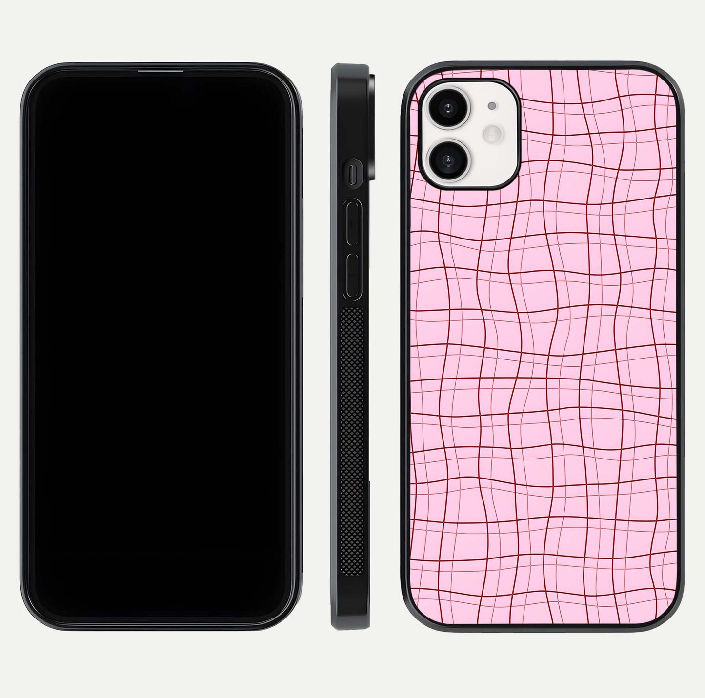 Soft Grid Bliss iPhone 12 glass phone case front and side layout view displaying slim profile and clean design