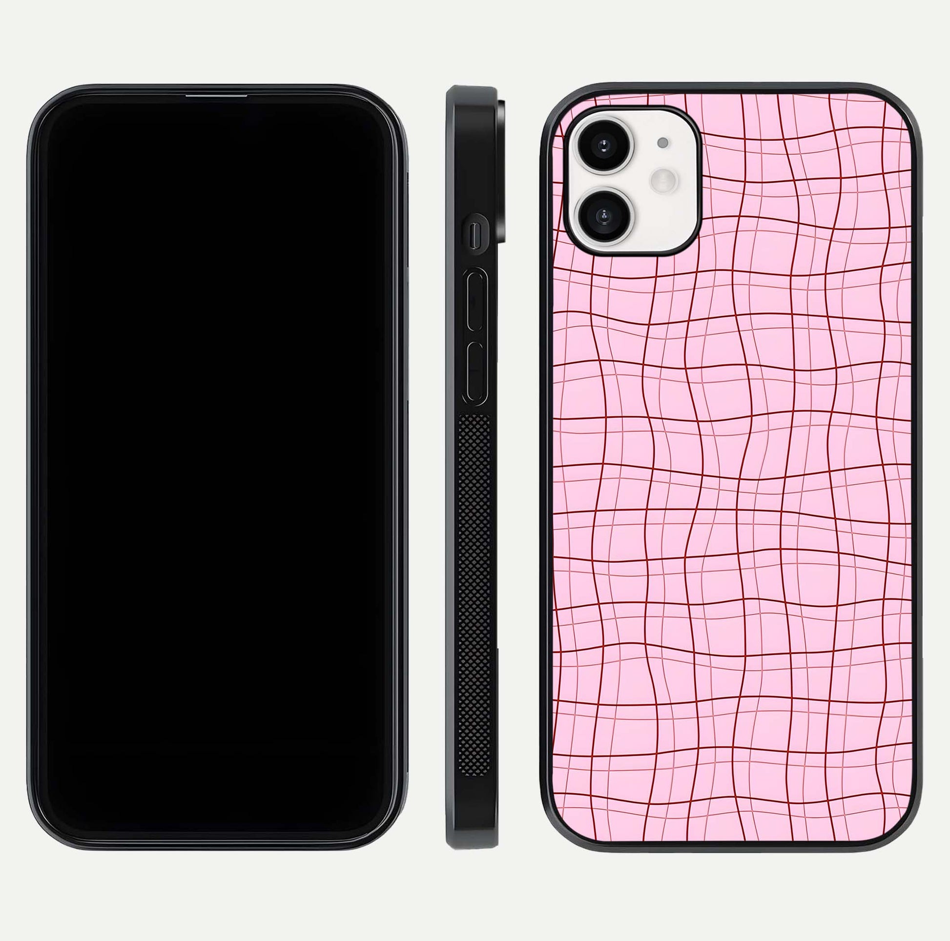 Soft Grid Bliss iPhone 12 glass phone case front and side layout view displaying slim profile and clean design
