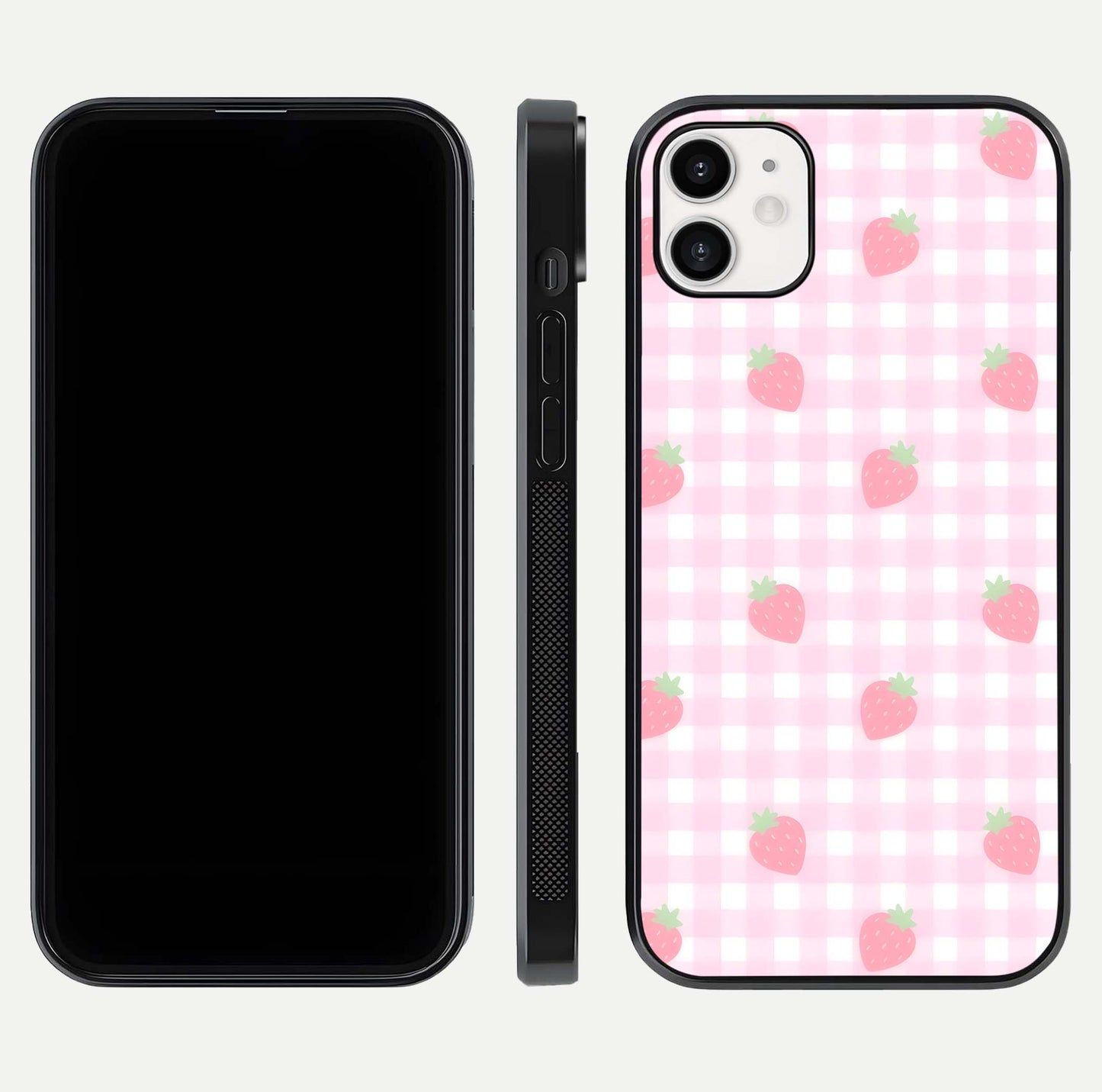 Strawberry Picnic Love iPhone 12 glass phone case front and side layout view showing slim profile and full picnic design