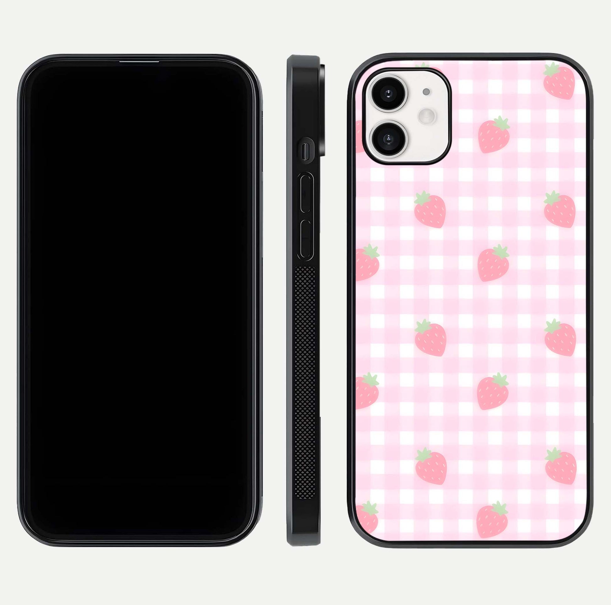 Strawberry Picnic Love iPhone 12 glass phone case front and side layout view showing slim profile and full picnic design