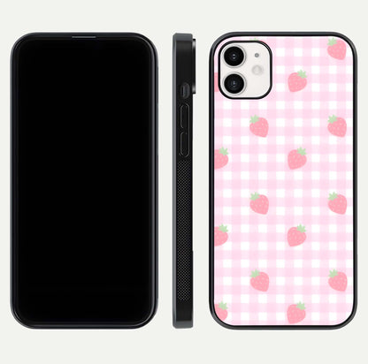 Strawberry Picnic Love iPhone 12 glass phone case front and side layout view showing slim profile and full picnic design