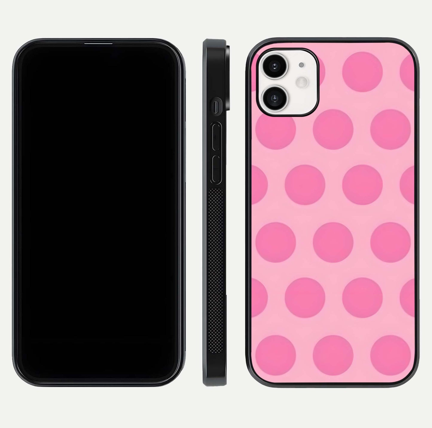 Sweet Dot Dreams iPhone 12 glass phone case front and side layout view displaying slim build and full dot design