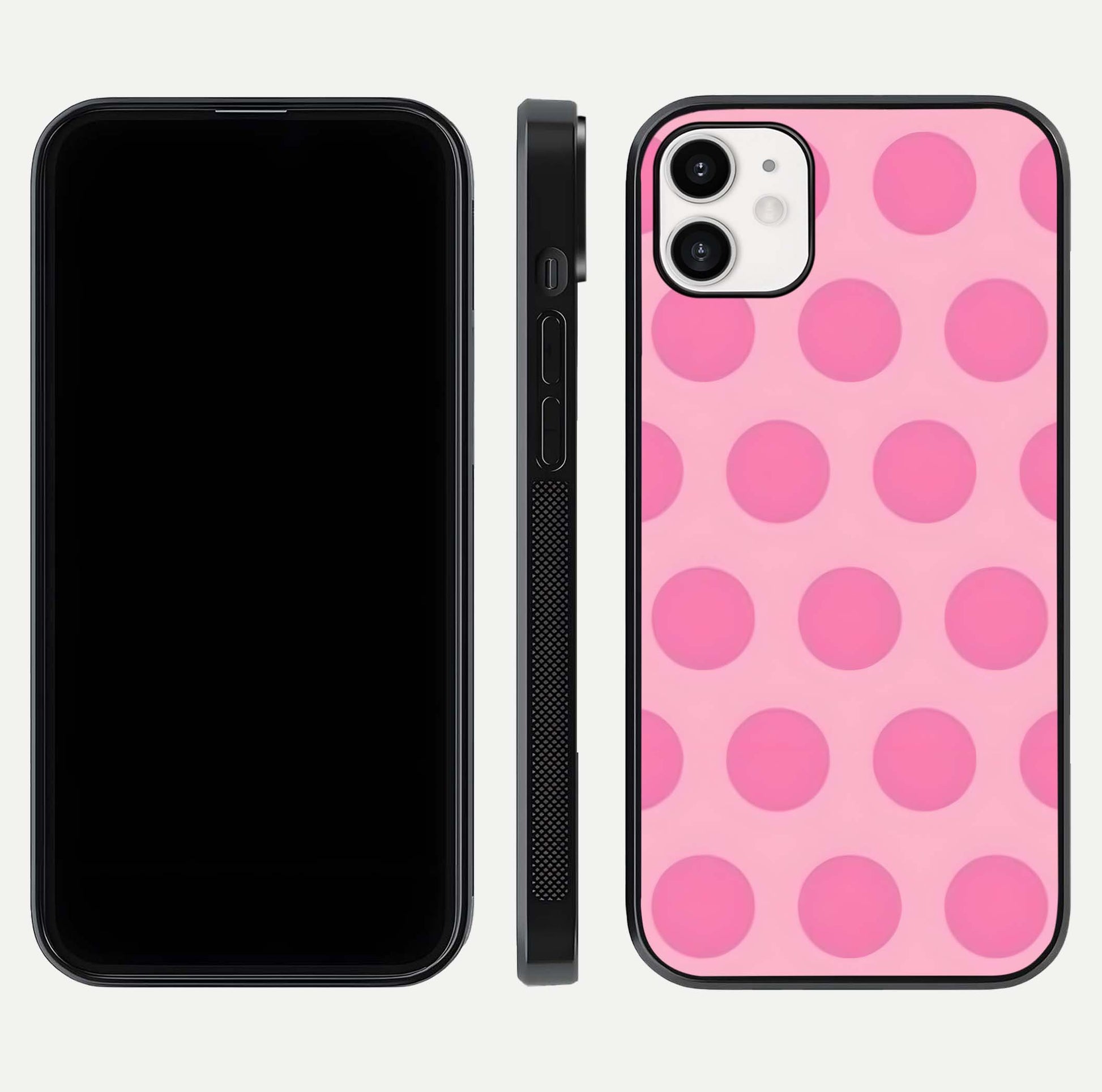 Sweet Dot Dreams iPhone 12 glass phone case front and side layout view displaying slim build and full dot design