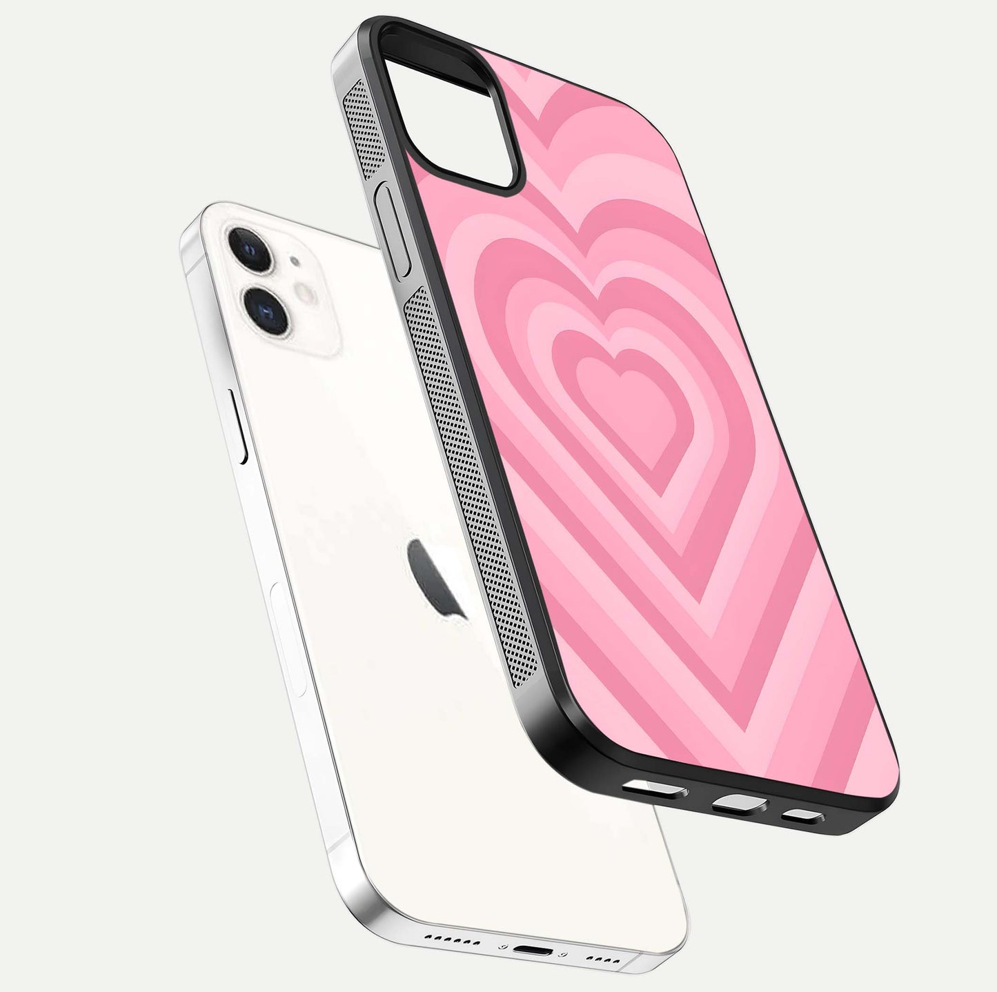 Blush Heart Waves iPhone 12 glass phone case floating view emphasizing glossy finish and layered heart design