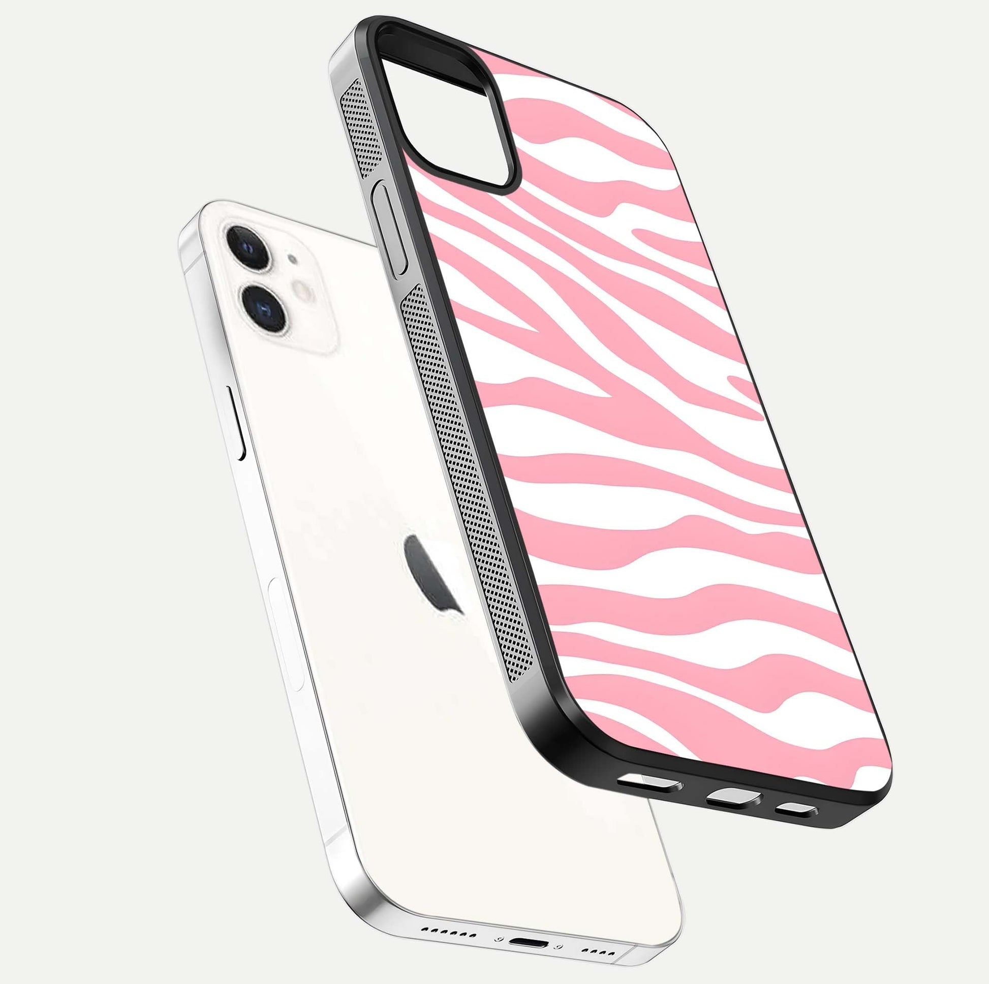 Blush Zebra Flow iPhone 12 glass phone case floating view emphasizing premium glossy surface and dynamic design