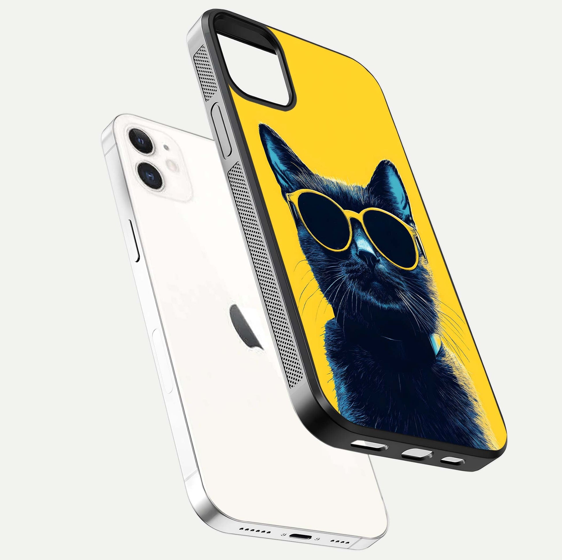 Cool Cat Vibes iPhone 12 glass phone case floating view emphasizing glossy finish and fun cat vibe