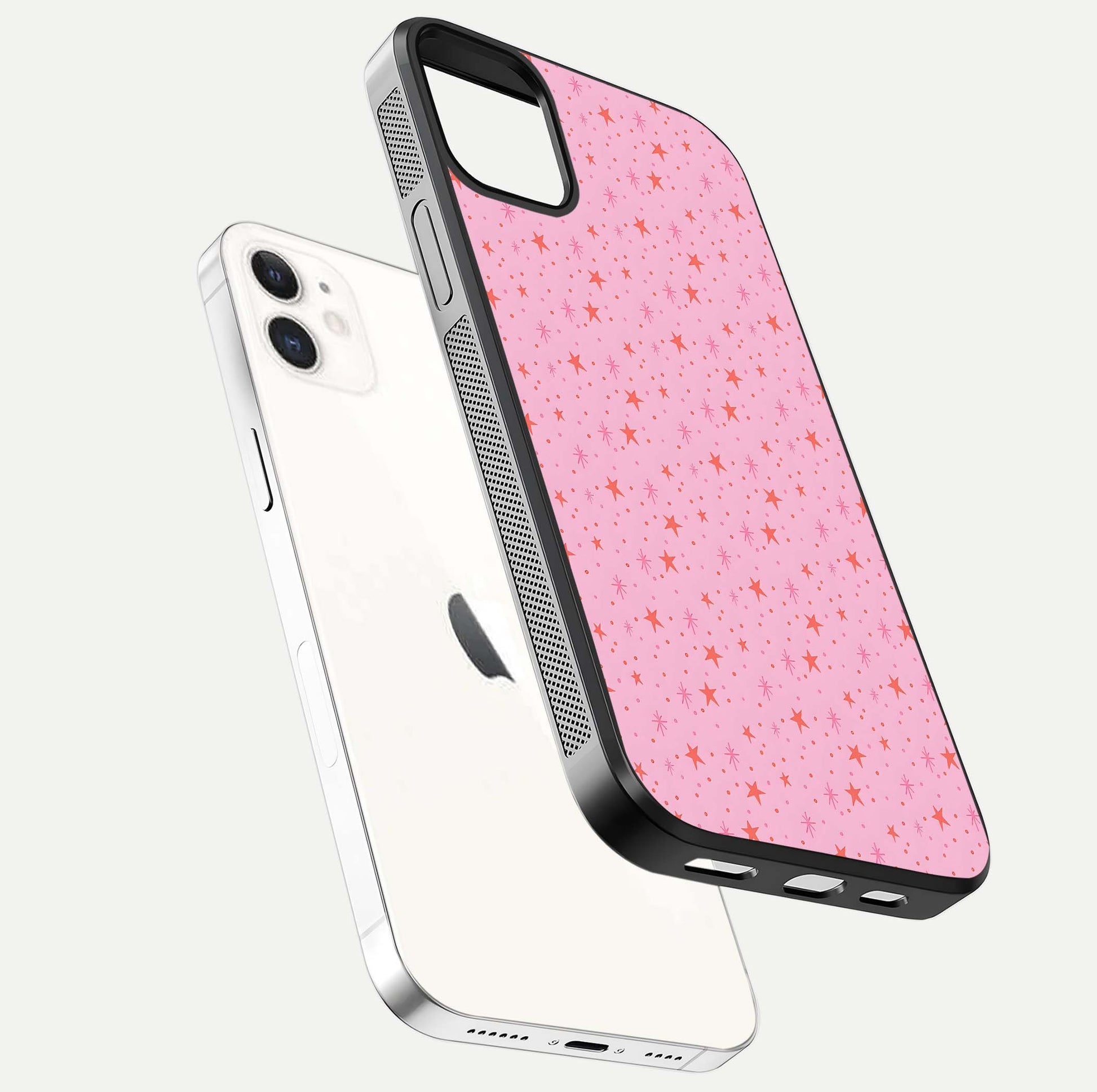 Cosmic Pink Sparkle iPhone 12 glass phone case floating view emphasizing premium glass surface and glittering details