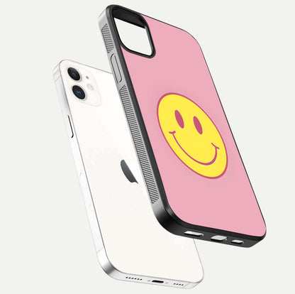 Happy Pink Mood iPhone 12 glass phone case floating view emphasizing glossy finish and joyful color palette