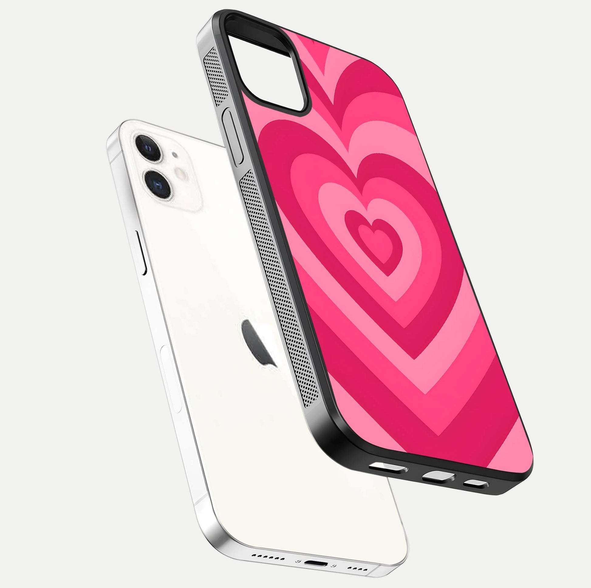 Layered Love Hearts iPhone 12 glass phone case floating view emphasizing glossy surface and layered heart details