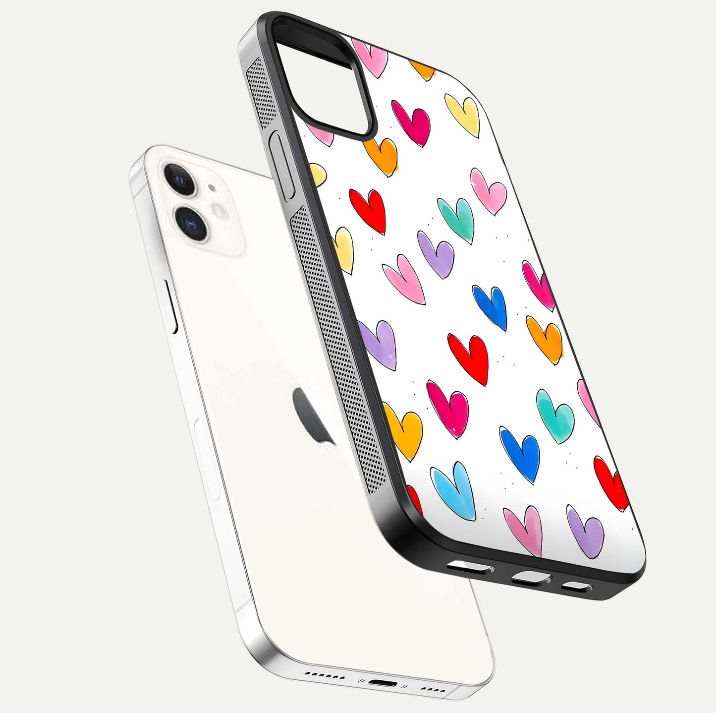 Playful Love Doodles iPhone 12 glass phone case floating view emphasizing glossy finish and playful design