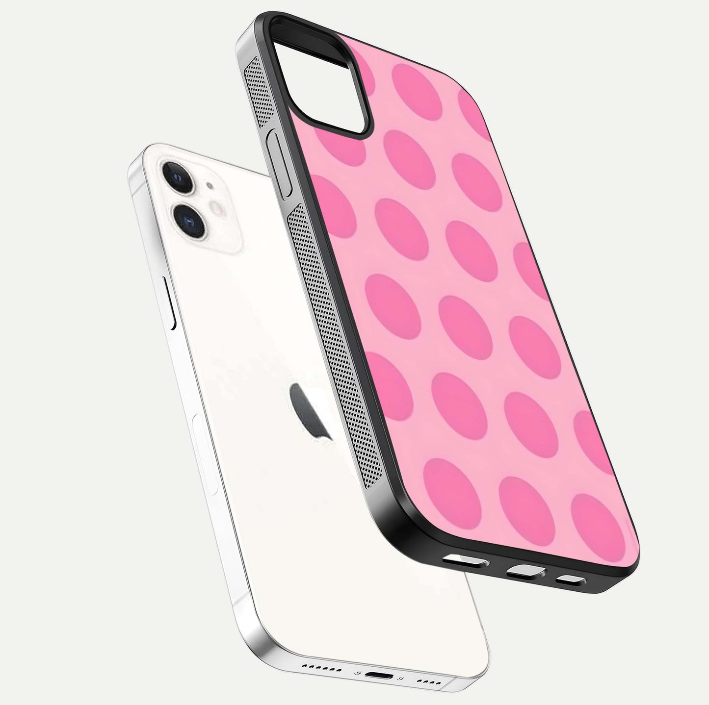 Sweet Dot Dreams iPhone 12 glass phone case floating view emphasizing glossy surface and soft playful styling