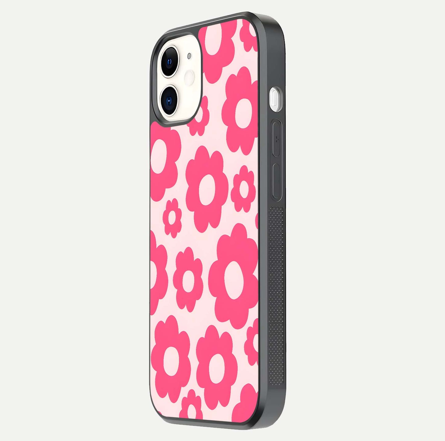 Blush Flower Pop iPhone 12 glass phone case side profile view focusing on clean edges and seamless floral wrap